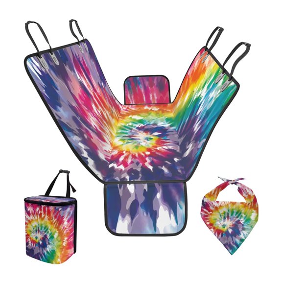 Pzuqiu Tie Dye Backseat Pet Bed Mat for Car Scratch-Proof Protection Hard Bottom Dog Car Seat Cover with Cars Trash Can Dogs Bandanas Universal Fit SUV,Sedan,Truck 3 Piece