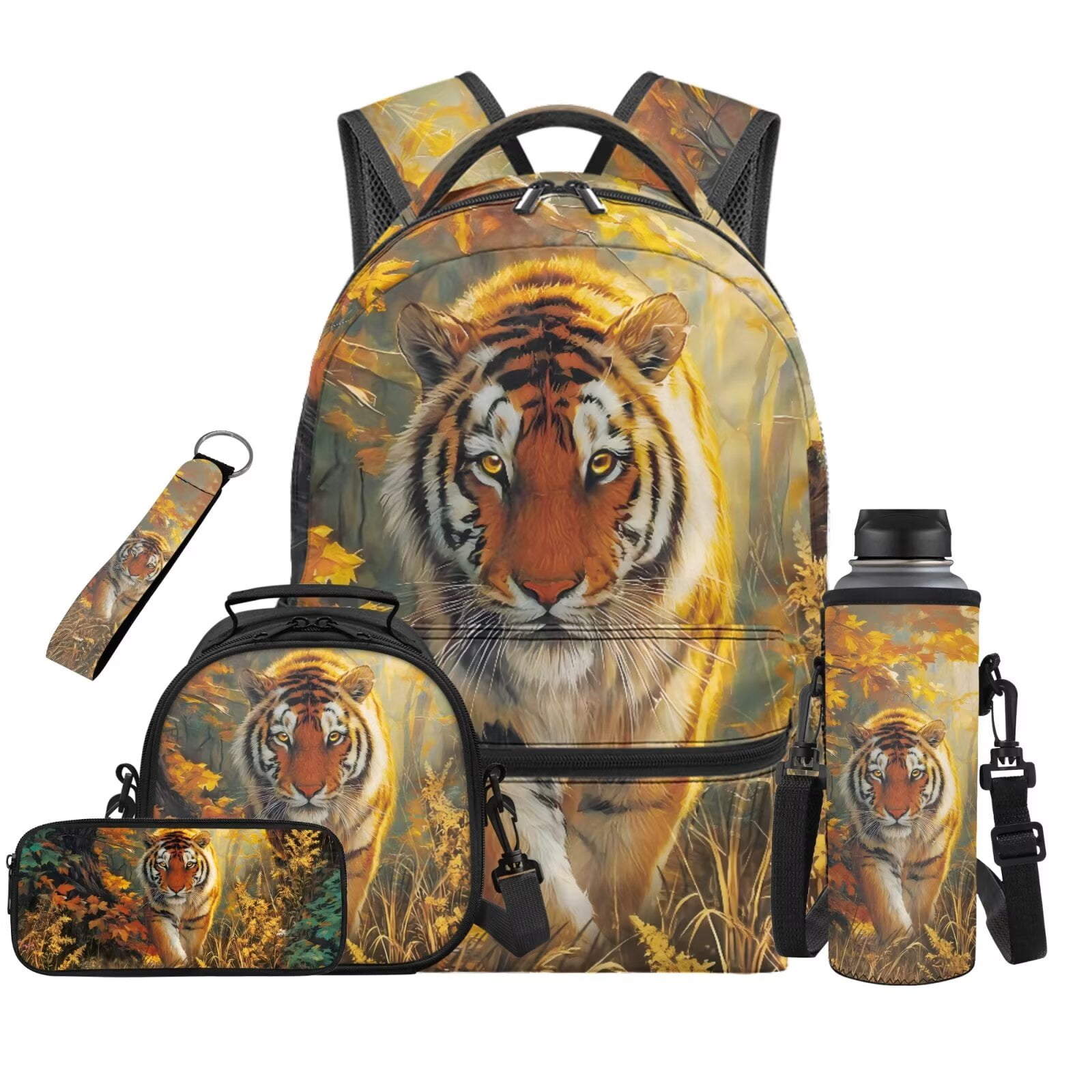Pzuqiu Tiger Print Cute Back Pack Backpacks for Boys with Lunch Box Water Bottle Bag School Backpack for Boys 5 Pcs Rucksack Travel Bag for Kids