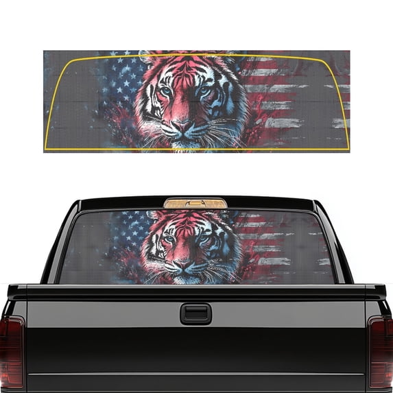Pzuqiu Tiger USA Flag Grunge Print Pickup Car Window Stickers, Simple Installation Vinyl, Corrosion Proof Durable Truck Rear Window Decal Easy Installation
