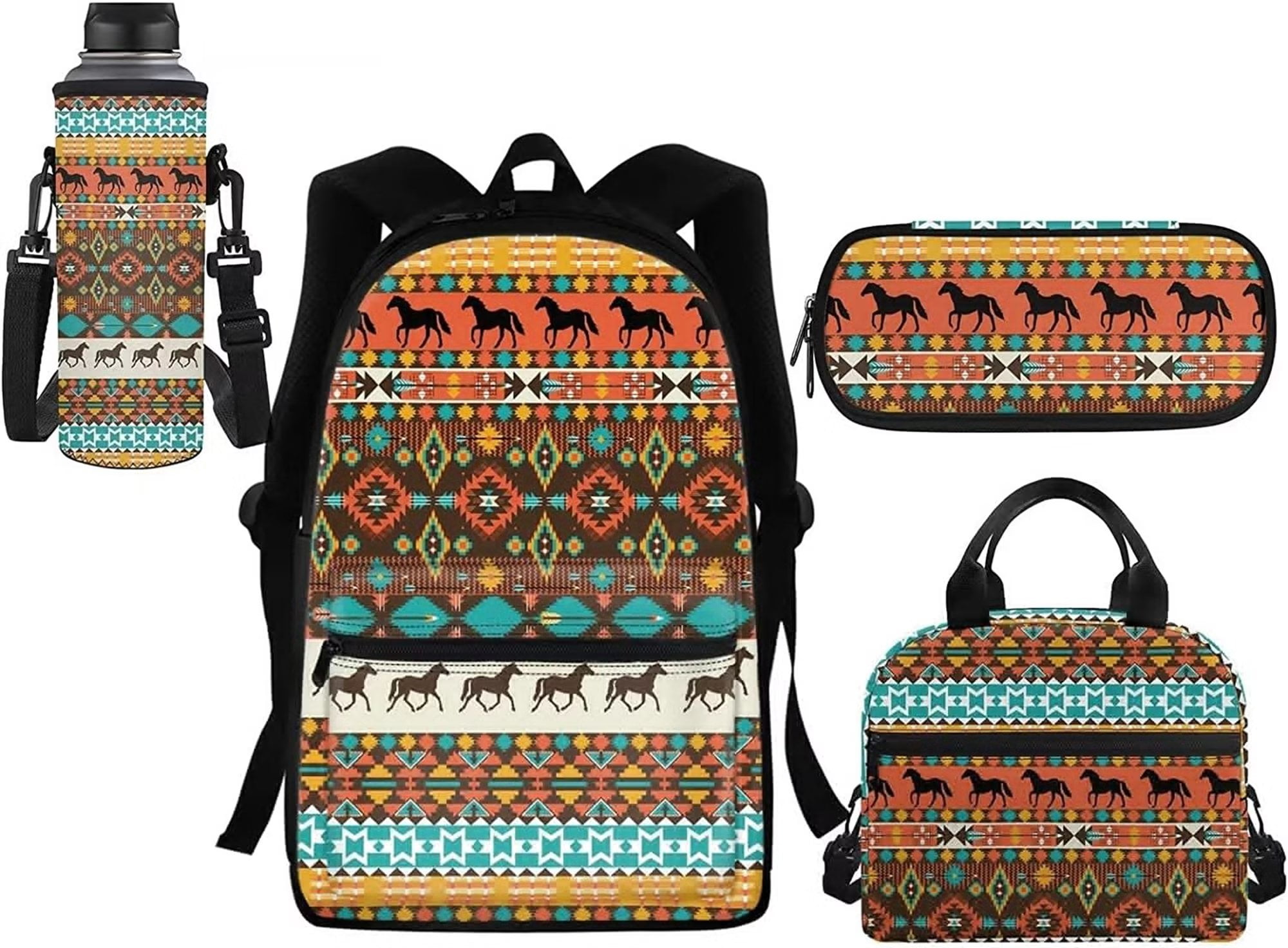 Pzuqiu Tribal Aztec School Bag for Kids Backpack and Lunch Bag Set Elementary School Book Bag Lunch Tote Ice Packs Reusable Pencil Case Water Bottle