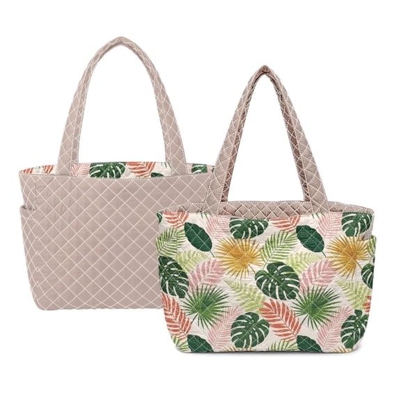Pzuqiu Tropical Leaf Print Large Capacity Quilted Tote Bags for Women, Reversible Clear Shoulder Hobo Bag, Lightweight Carry On Handbag for Work Travel Shopping Everyday Use