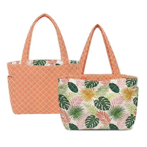 Pzuqiu Tropical Leaf Print Large Capacity Quilted Tote Bags for Women, Reversible Orange Shoulder Hobo Bag, Lightweight Carry On Handbag for Work Travel Shopping Everyday Use