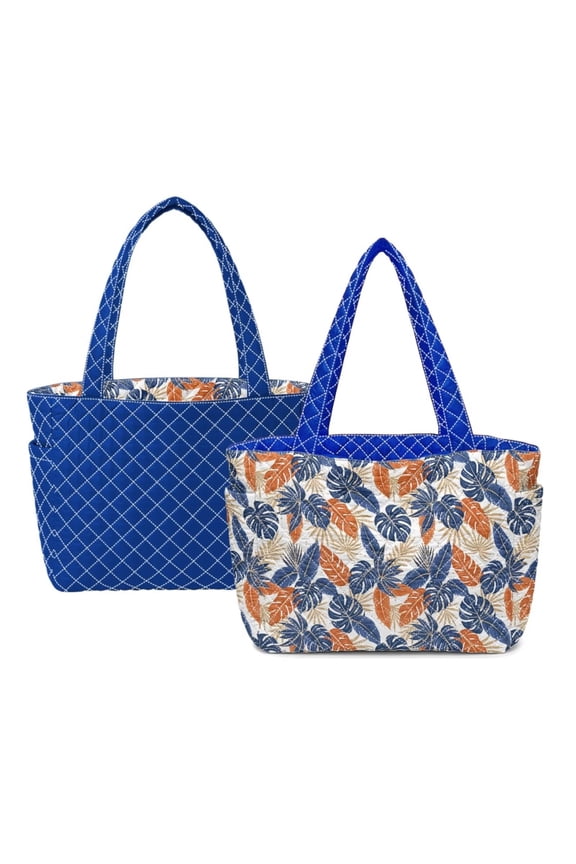 Tropical Leaf Print Large Capacity Quilted Tote Bags for Women, Reversible Versatile Blue Puffer Shoulder Handbags for Work Travel Shopping College Everyday Use