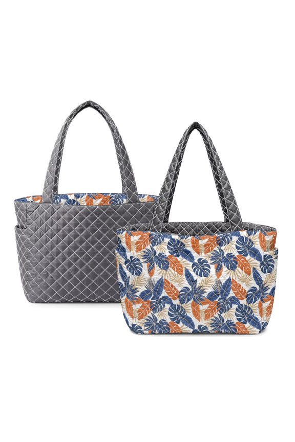 Tropical Leaf Print Large Capacity Quilted Tote Bags for Women, Reversible Versatile Grey Puffer Shoulder Handbags for Work Travel Shopping College Everyday Use