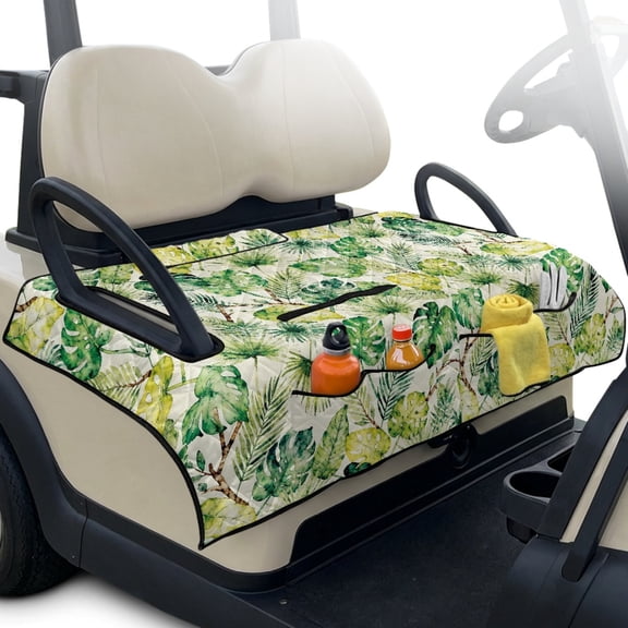 Pzuqiu Tropical Leaves Quilted Golf Cart Seat Cover | 2-Person Universal Fit with 4 Pockets | Non-Slip Protective Accessory for Golfers