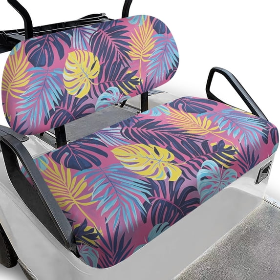 Pzuqiu Tropical Palm Leaf Golf Cart Seat Cover Set - 2-Piece Stretchable Protector | Breathable, Washable, All-Weather | Fits EZGO, Club Car & Yamaha