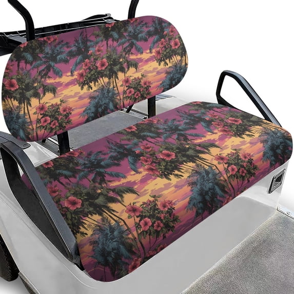 Pzuqiu Tropical Sunset Hibiscus Palm Tree Golf Cart Seat Covers - 2-Piece Stretchable Washable Set | Fits Most 2-Seater Carts, All-Weather Protection
