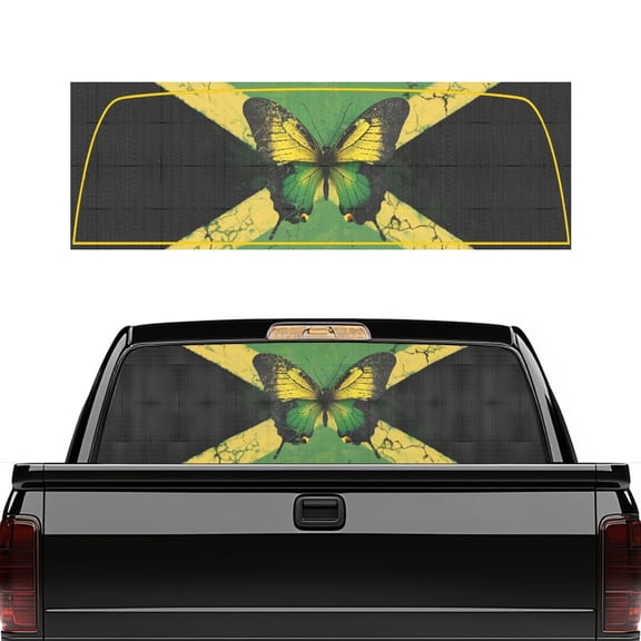 Pzuqiu Truck Back Window Decal with Butterfly Jamaica Pattern, 66.9 x 22.4 Inch Vinyl Wrap Full Coverage for Most Pickup Truck Models