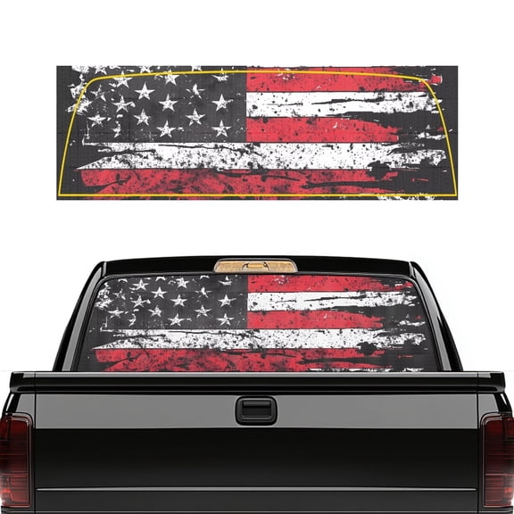 Pzuqiu Truck Rear Window Decal 66.9" x 22.4", One-Way See-Through Vinyl, UV Blocking Automotive Decal for Most Pickup Models Distressed American Flag Print