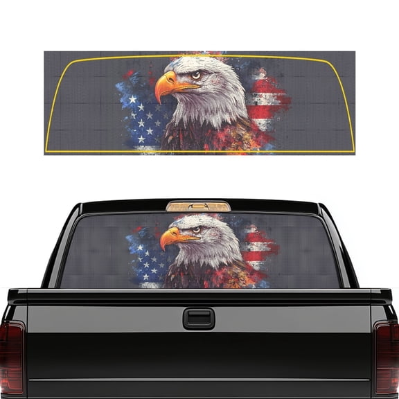 Pzuqiu Truck Rear Window Decal with Bald Eagle Flag Print, Perforated Car Rear Windshield Sunshade, Full Coverage for Most Pickup Trucks, 66.9 x 22.4 Inches