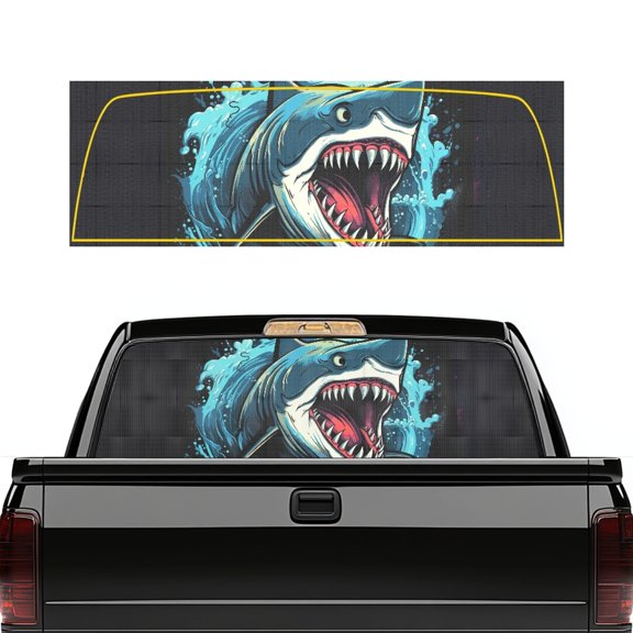 Pzuqiu Truck Rear Window Decal with Fierce Shark Wave Design, Perforated See through Car Rear Windshield Sunshade for Most Pickup Truck Models, 66.9 x 22.4 Inches
