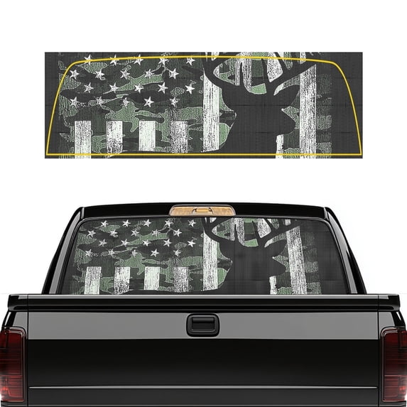 Pzuqiu Truck Rear Window Decal with Camo Flag Deer, Perforated Car Rear Windshield Sunshade for Most Pickup Trucks, 66.9 x 22.4 Inches
