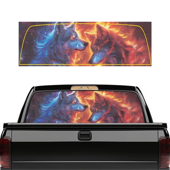 Pzuqiu Truck Rear Window Decal with Fire Ice Wolf, Car Rear Windshield Sunshade 66.9 x 22.4 Inches for Most Pickup Trucks and SUVs