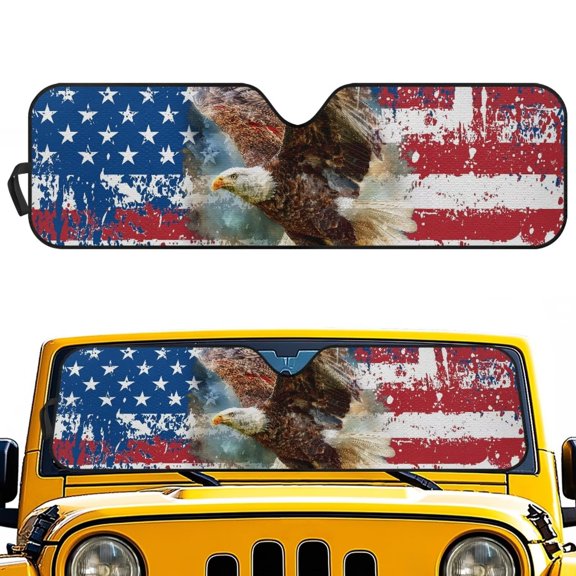 Pzuqiu US Flag Eagle Front Windshield Sunshade Foldable Windshield Sun Shade Heat Protection Compatible with JK JKU TJ 2 Door / 4 Door UV Ray & Heat Block 52.9x16.1 inches