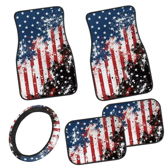 Pzuqiu US Flag Print Automotive Floor Mats Easy Installation All Weather Vehicle Steering Wheel Protector Car Mats Set Dust Proof Car Interior Accessories Fashion for SUV, Vans,Sedan,Truck 5 Pcs