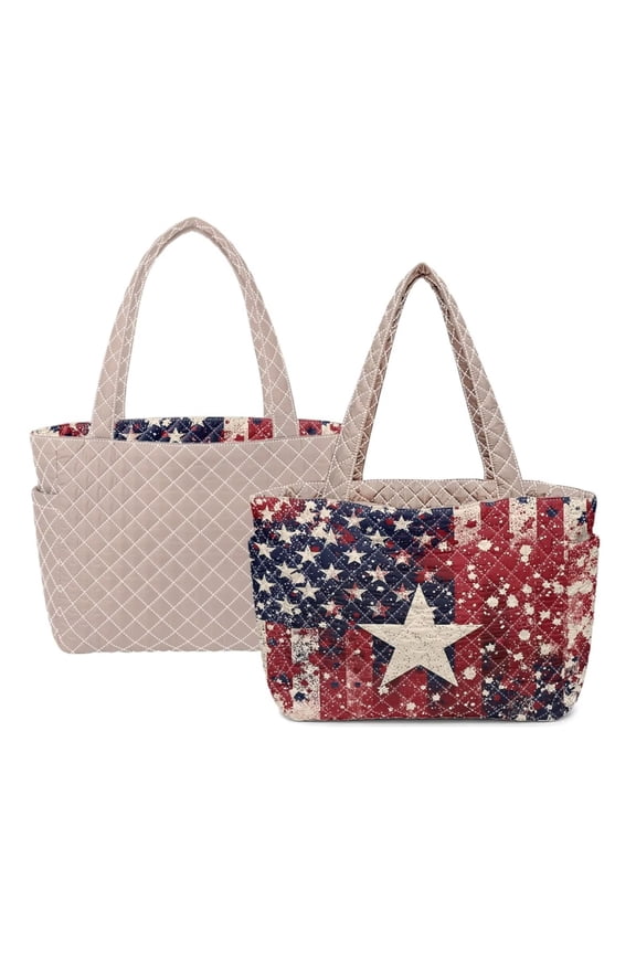 US Flag Star Print Large Quilted Tote Bag for Women, Lightweight Puffer Tote Casual Carryall for Work Travel Daily Errands Holiday Use