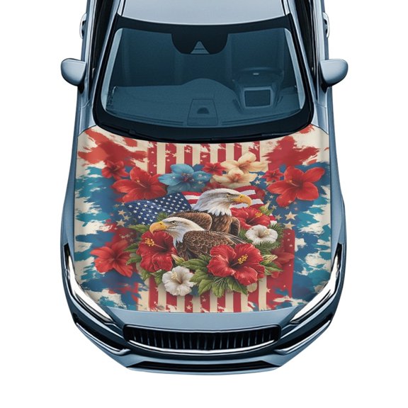 Pzuqiu UV Resistant Car Hood Cover Protector, American Flag Eagle Print Swimsuit Fabric Car Hood Cover Protection, Protective Automotive Accessories