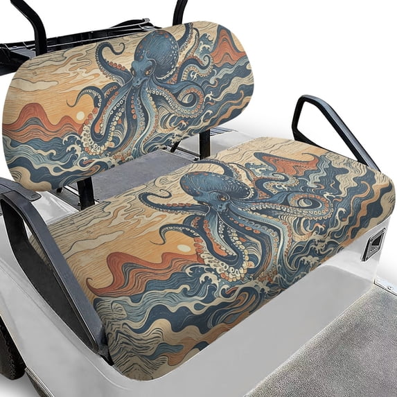 Pzuqiu Vintage Octopus & Ocean Wave Golf Cart Seat Cover Set - 2-Piece Stretch-Fit Protector | Breathable, Washable, All-Weather Golf Cart Accessory