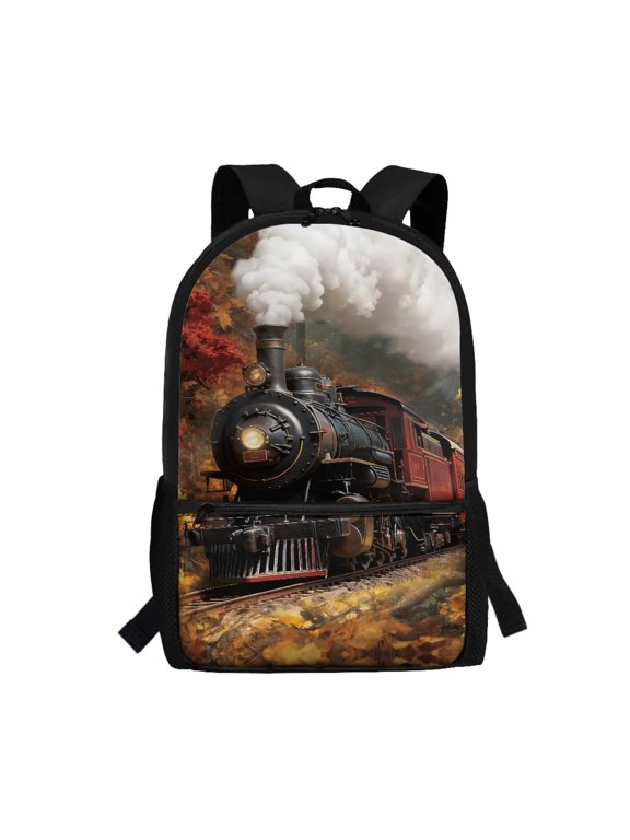 Vintage Steam Train Backpack for Girls 8-10 Cute School Bag Backpacks Aesthetic School Bookbags with Two Sides Pockets Lightweight Kids Shoulder Bag 17 Inch