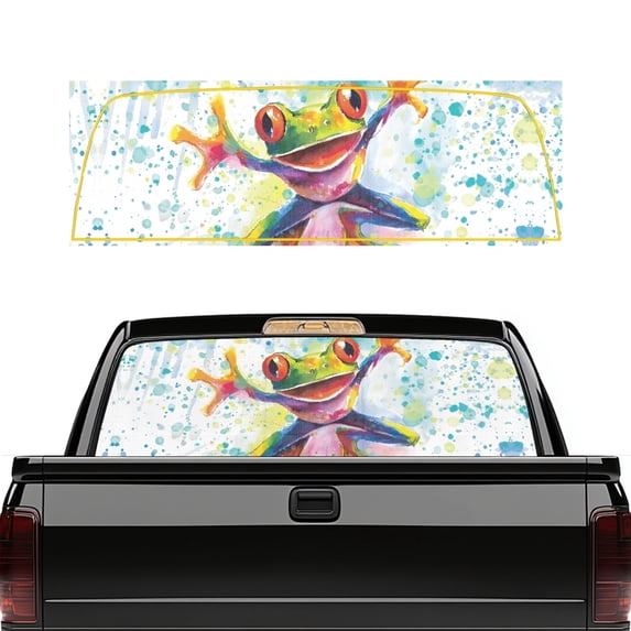 Pzuqiu Watercolor Tree Frog Print Truck Rear Window Decal 66.9" x 22.4", Waterproof Vinyl Wrap Pickup Car Window Stickers for Most Pickup Truck Models