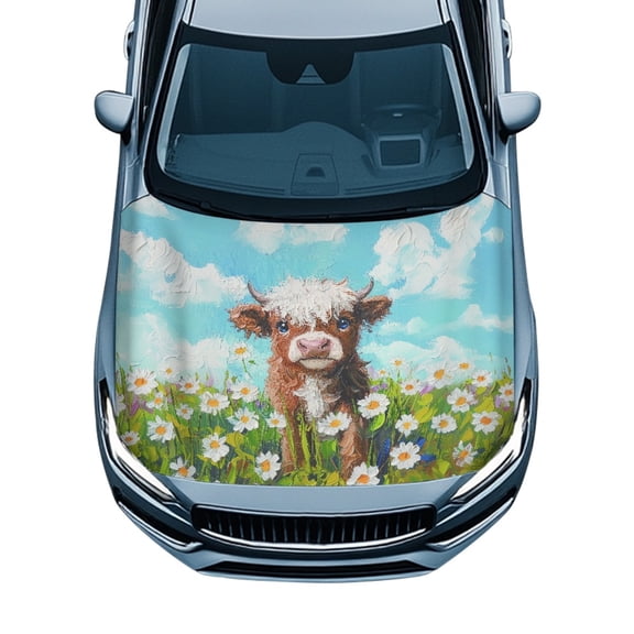 Pzuqiu Waterproof Automotive Accessories, Calf In Daisy Field Stretch Fabric Engine Bonnet Protector, Sunproof Car Hood Cover