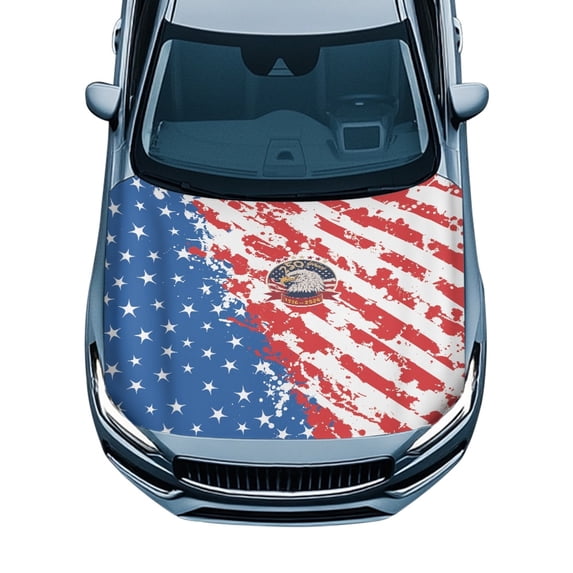 Pzuqiu Waterproof Car Hood Cover, USA Flag Eagle Print Stretch Fabric Auto Exterior Accessories, Anti-Corrosion Car Hood Cover Protection