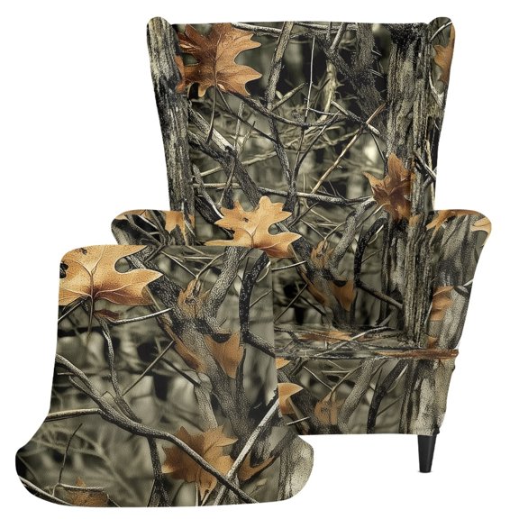 Pzuqiu Wear Resistant 2 Piece Wingback Chair Slipcover for Pet, Polyester Spandex Blend Stretch Armchair Cover for Living Room Hotel, Hunting Camo Pattern