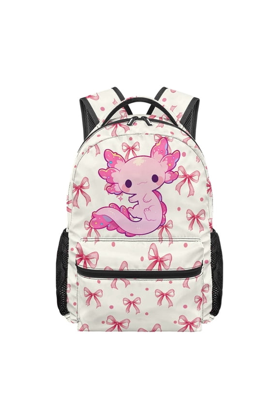 Wearproof Student Backpack for Camping Outdoor Activities, Multiple Compartments Kids School Backpack Adjustable Straps School Bag, Red Bow Dots Axolotl