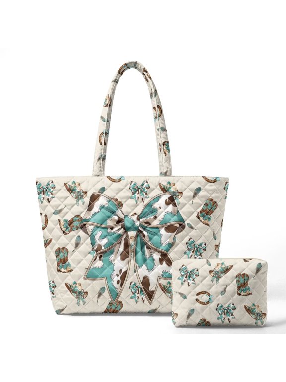 Western Bow Quilted Travel Tote Bag, 2‑Piece Women's Shoulder Purse Lightweight Soft Padded Quilted Fabric, Secure Zipper Closure, Multi‑Compartment Design Solves Messy Handbag Frustrations