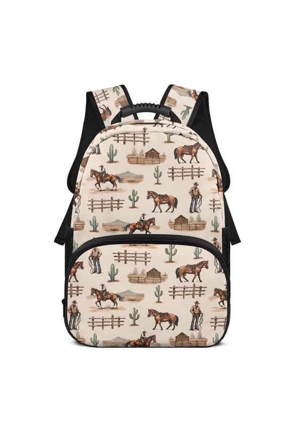 Western Cowboy Print 17 Inch Kids Backpack for Boys Girls Ages 6-18 Elementary Middle High School Students Adjustable Straps Large Capacity for Back to School Travel