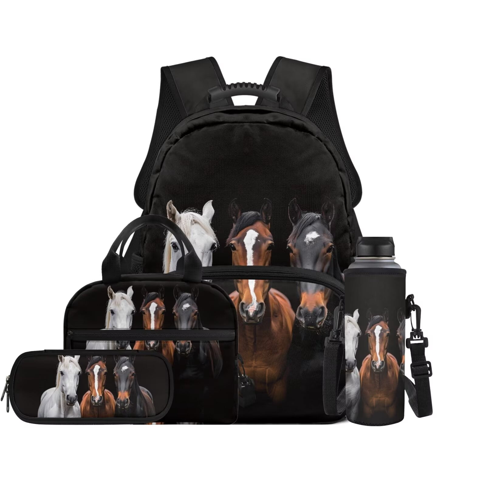 Pzuqiu Western Horse Kids Backpack School Bag Set with Lunch Box Pencil Case Water Bottle Holder 17 Inch 4 Piece Bookbags with Adjustable Shoulder Strap for Boys Teens 8-12