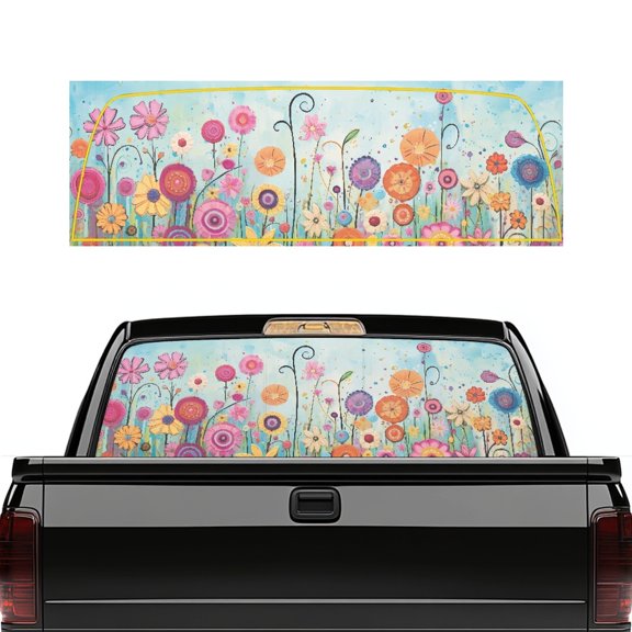 Pzuqiu Whimsical Floral Print Truck Rear Window Decal for Most Pickup Trucks, Perforated Easy Installation Vinyl Pickup Car Window Stickers