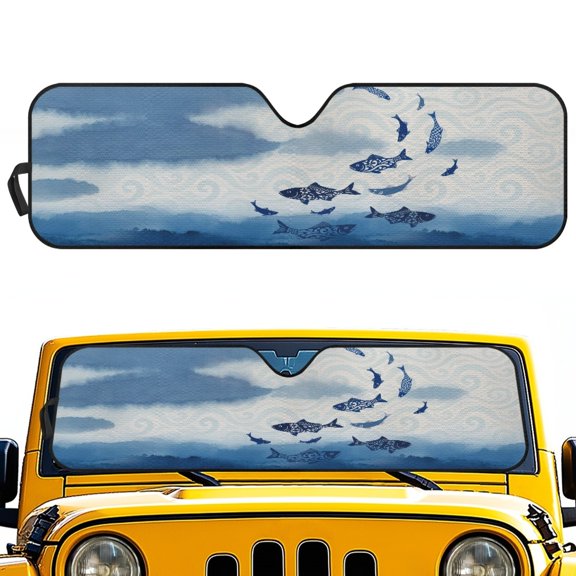 Pzuqiu Windshield Sun Shade with Fish Pattern, Windshield Sun Shield for Off-Road Vehicle, Blocks UV Rays and Heat Insulation for Summer