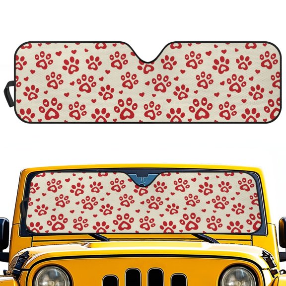 Pzuqiu Windshield Sun Shield with Red Heart Paw Print, Heat Insulation Foldable Sun Shield for Off-road Vehicle Daily Use