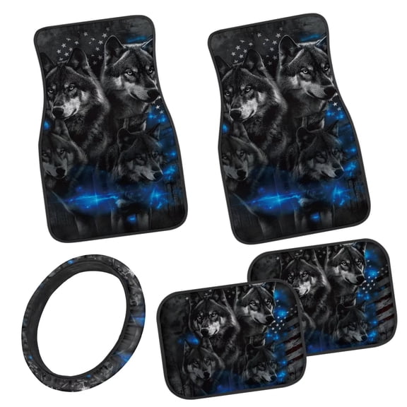 Pzuqiu Wolf American Flag Car Floor Mats Steering Wheel Cover 5-Piece Easy to Install Driver Passenger and Rear Floor Mats with Anti-Slip Pad Dust Proof Car Interior Accessories for SUV,Vans,Trucks