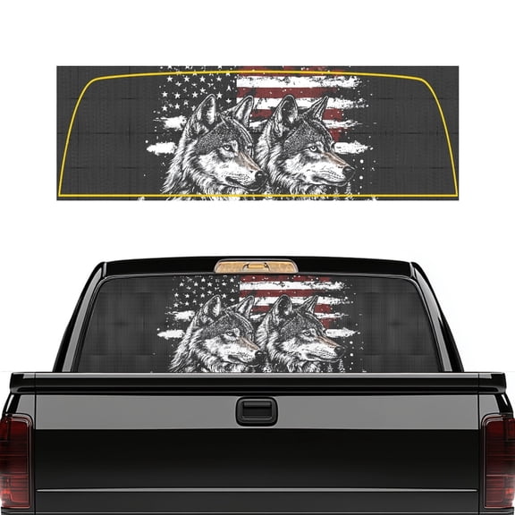 Pzuqiu Wolf American Flag Pickup Truck Rear Window Decal 66.9 x 22.4 Inch, Fade Resistant Vinyl Car Window Stickers for Most Trucks