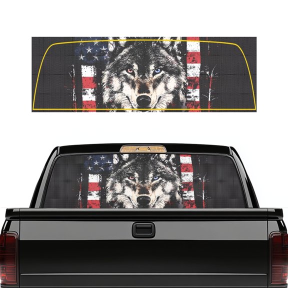 Pzuqiu Wolf American Flag Rear Window Decal 66.9 x 22.4 Inch, Fade Resistant Vinyl Car Window Stickers for Most Pickup Trucks and Suvs, Heat and Sun Blocking