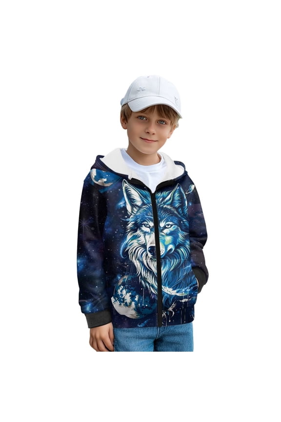 Wolf Boys Hoodie 8-10 Lightness Zip Up Hoodies for Kids Warm Fleece Children's Long Sleeve Sweatshirt with Pockets Toddlers' Pullover Hoodie for Boys Teens Youth