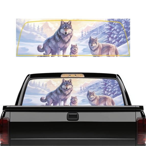 Pzuqiu Wolf Family Vinyl Truck Back Window Decal, 66.9 x 22.4 Inch Full Windows Coverage Waterproof Truck Rear Window Decal for Most Pickup SUV Truck