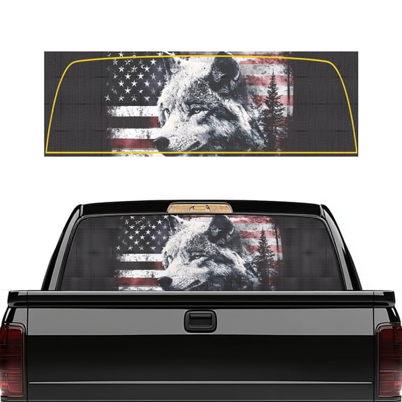 Pzuqiu Wolf Flag Pattern Perforated Vinyl Rear Window Decal 66.9 x 22.4 Inch, See-Through Sticker with Uv Protection for Most Pickup Trucks and Car Owners