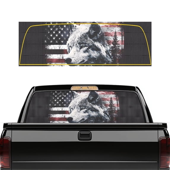 Pzuqiu Wolf Flag Pattern Perforated Vinyl Rear Window Decal 66.9 x 22.4 Inch, See-Through Sticker with Uv Protection for Most Pickup Trucks and Car Owners
