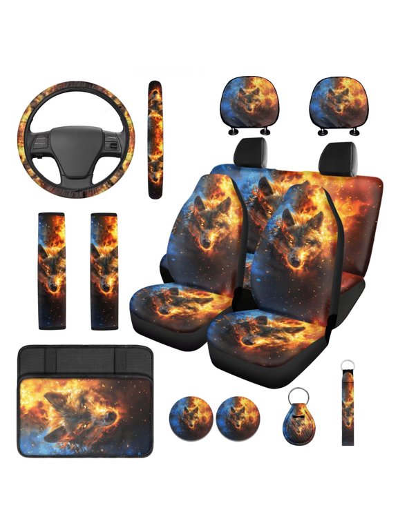 Wolf Flame Fire 14 Pcs Interior Sets Front Rear Seat Covers for Cars Steering Wheel Seatbelt Cushion Arm Rest Pad Headrest Coasters Key Chain Auto Seat Cover Accessories Full Set