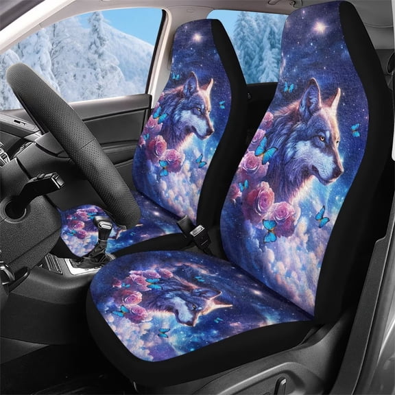 Pzuqiu Wolf Front Seat Car Covers Warm Easy to Clean 2 Piece Car Seat Covers for Front Seats Elastic Fabric Anti-Slip Protection Interior Accessories Universal Fit for Cars SUV Sedans