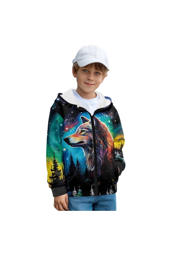 Wolf Hoodie Sweatshirt for Boys Size XL Warm Fleece Full-Zip Hoodie Sweatshirt Long Sleeve Jacket Outfits Soft Stretchy Fashion Toddler Fall Coat for Daily Life
