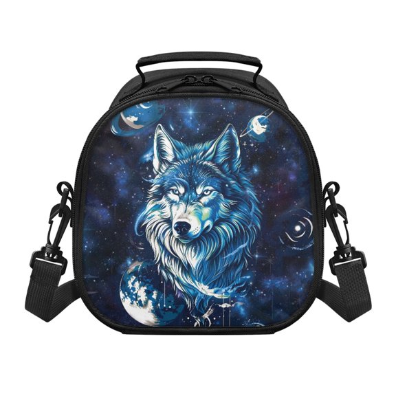 Pzuqiu Wolf Planet Pattern Design Insulated Kids Insulated Lunch Bag, Premium Fabric Removable Strap Reusable Thermal Kids Lunch Tote Bag for Travel School