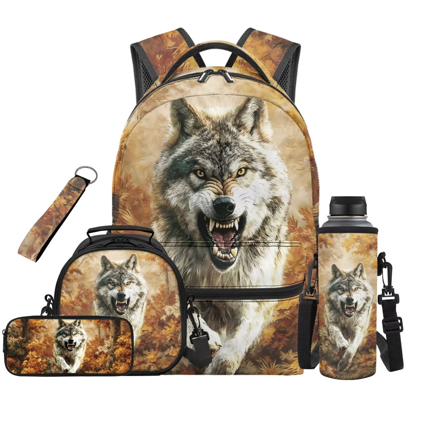 Pzuqiu Wolf Print Back Pack for School Boys 5 pcs Kids Backpacks for Boys Lunch Bag with Water Bottle Holder Pencil Bag Cute Travel Rucksack Camping School Bag