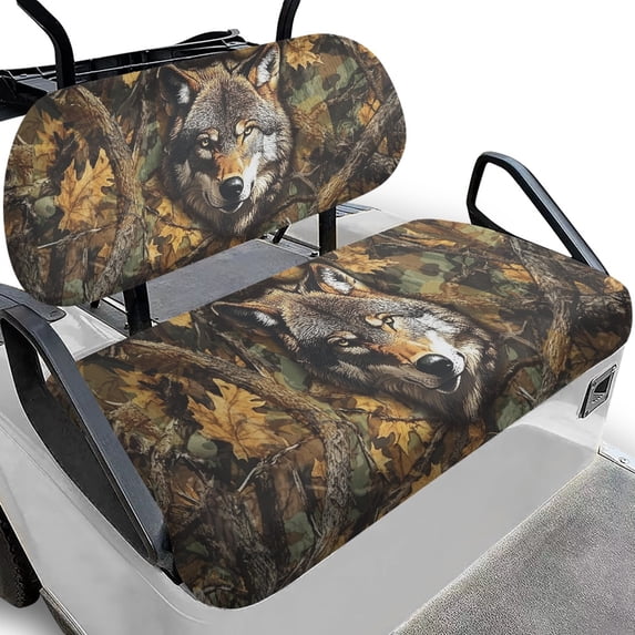Pzuqiu Wolf & Woodland Camo Golf Cart Seat Cover Set - 2-Piece Stretch-Fit Protector | Breathable, Washable, Compatible with EZGO, Club Car, Yamaha