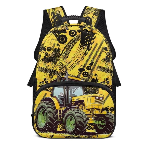 Pzuqiu Yellow Tractor Personalized Backpack for School Kids Boys Large Capacity Customized Schoolbags with Side Pockets Bookbags 17 Inches Custom Backpacks with Name Ages 8-12