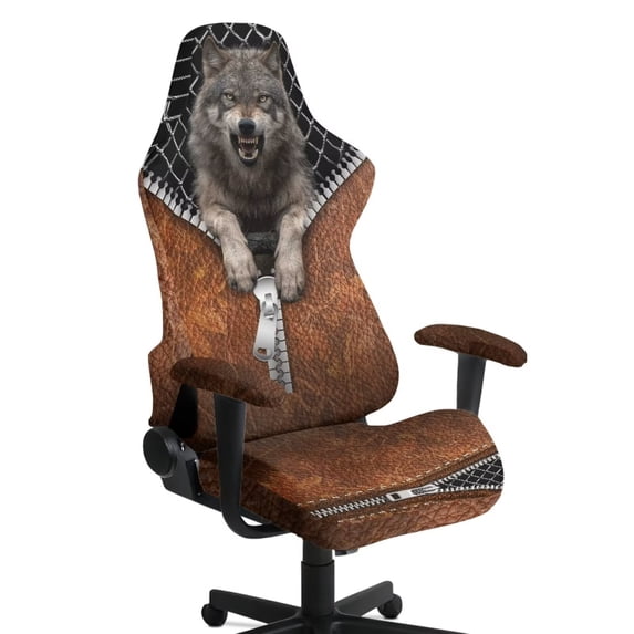 Pzuqiu Zipper Wolf Computer Gaming Chair Cover Non-Slip Easy to Install Computer Chair Covers for Seat Cushion with Straps and Zipper for Home, Office Decorations