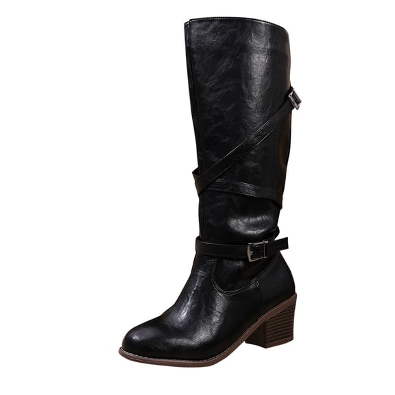 Q-060 Black Ladies Winter Western Style Solid Color Boots Belt Buckle Not Over The Knee Motorcycle Knight Casual Footwear